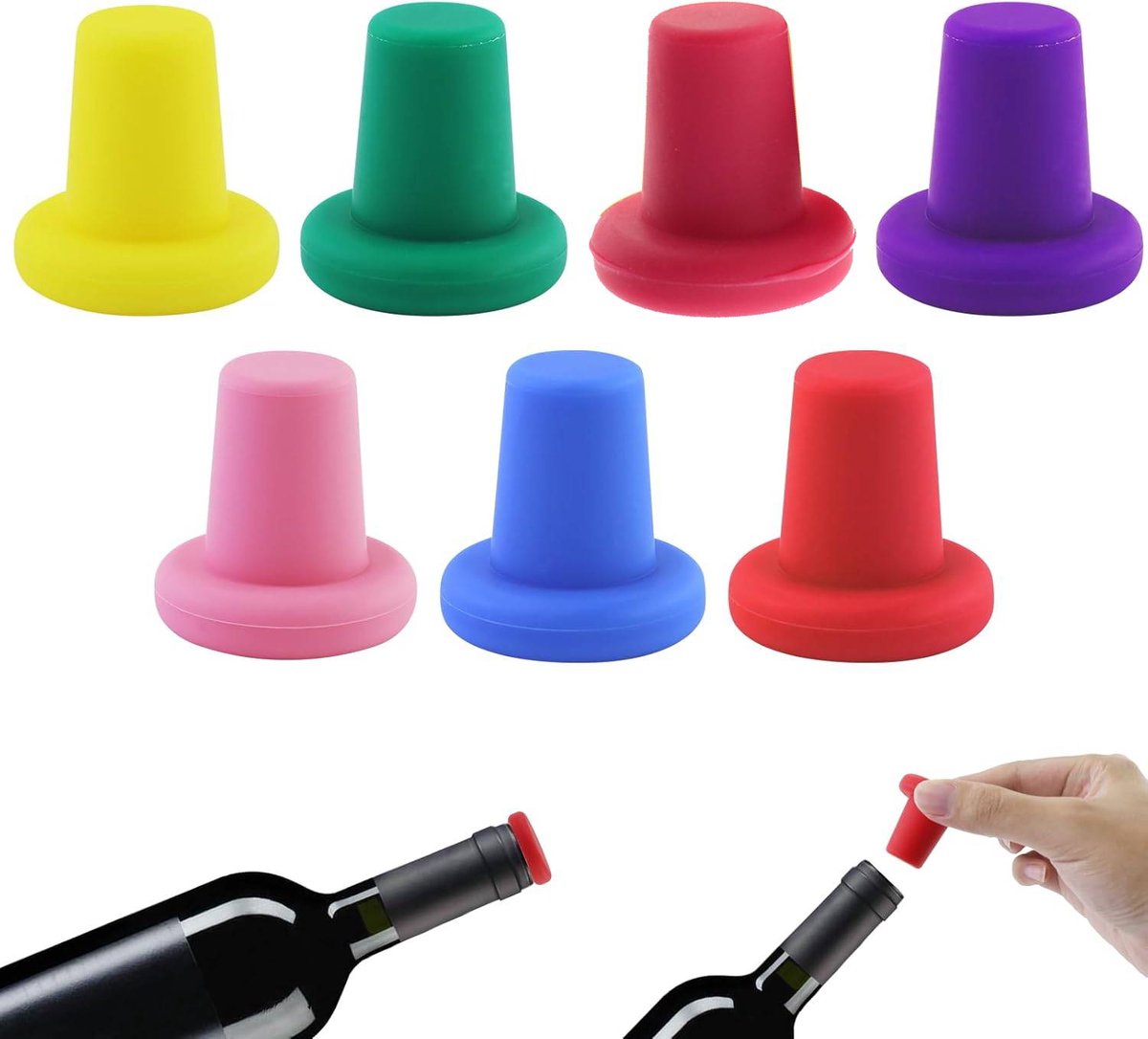 7 Wine Bottle Stoppers - Reusable - 7 Colors - Silicone Stoppers, Inner Diameter 1.7-2 cm - Wine Bottle Stoppers - Image 1
