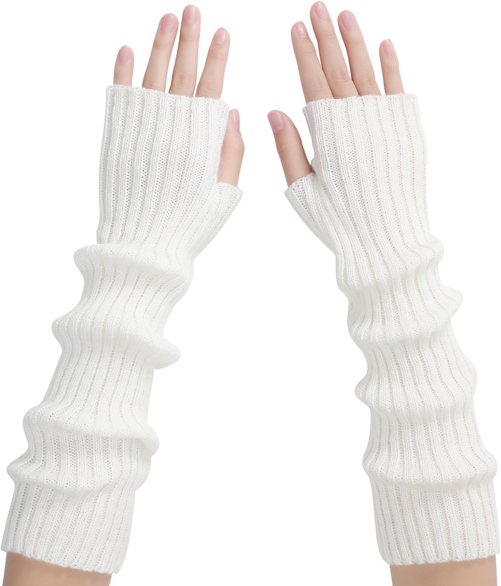 Arm Sleeves - Women's Long Fingerless - Knitted Y2K Arm Sleeves - (Vit) - Image 1