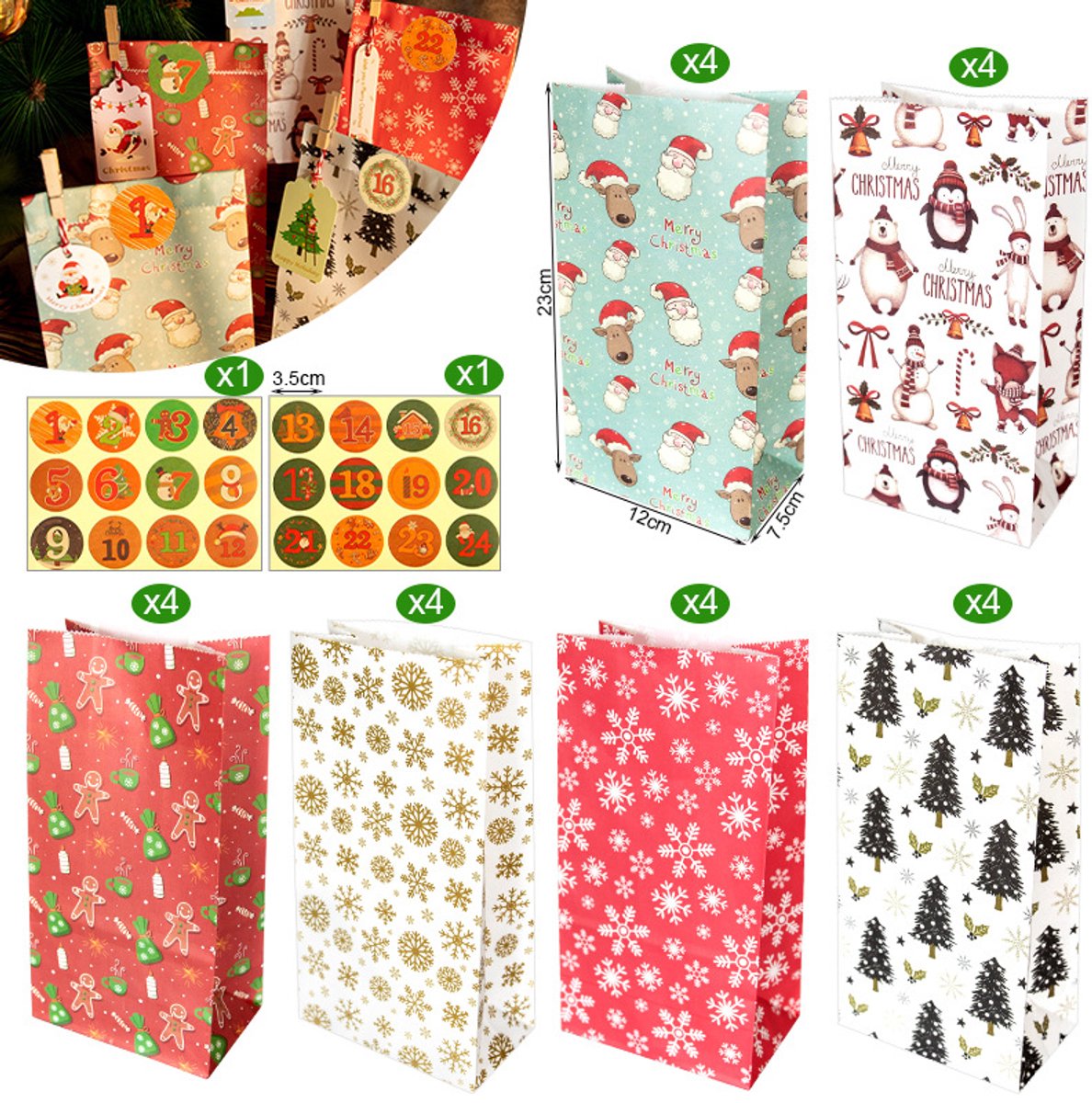 Christmas wrapping paper - 24 pieces - Christmas gift bags, Christmas stickers, Advent calendars, paper bags and wrapping bags - Christmas gift bags - Christmas candy bags - Image 1