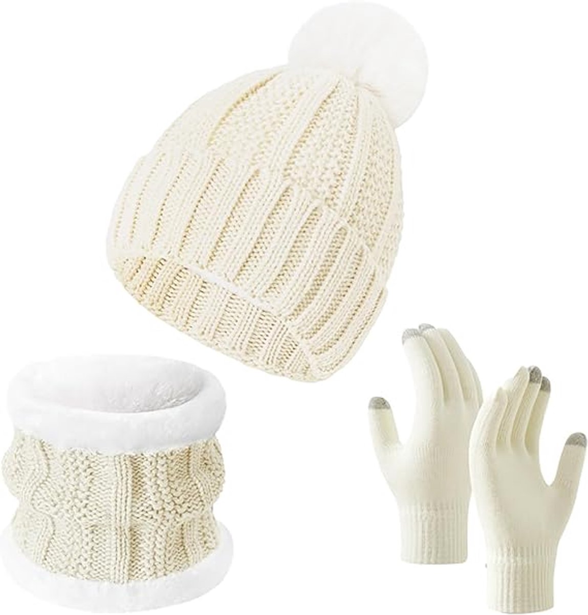 Gloves, hat and scarf - three-piece set - winter knitwear - lined with fleece and thickened - warm and cold resistant - white - Image 1