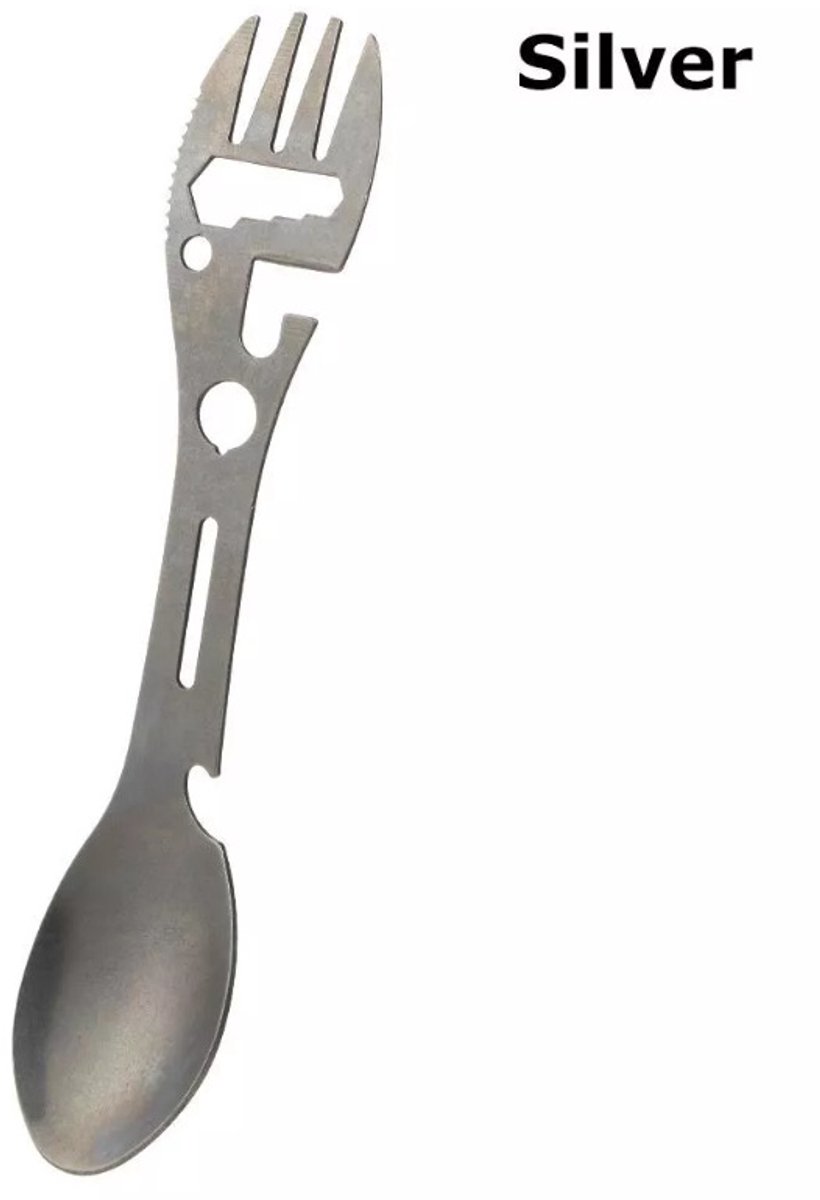 Stainless Steel Spoon and Fork - 10-in-1 Multi-Tool - Works as a combination spoon, fork, knife, bottle opener, and wrench - ideal for picnics, travel, backpacking, hiking, and fishing - Silver - Image 1