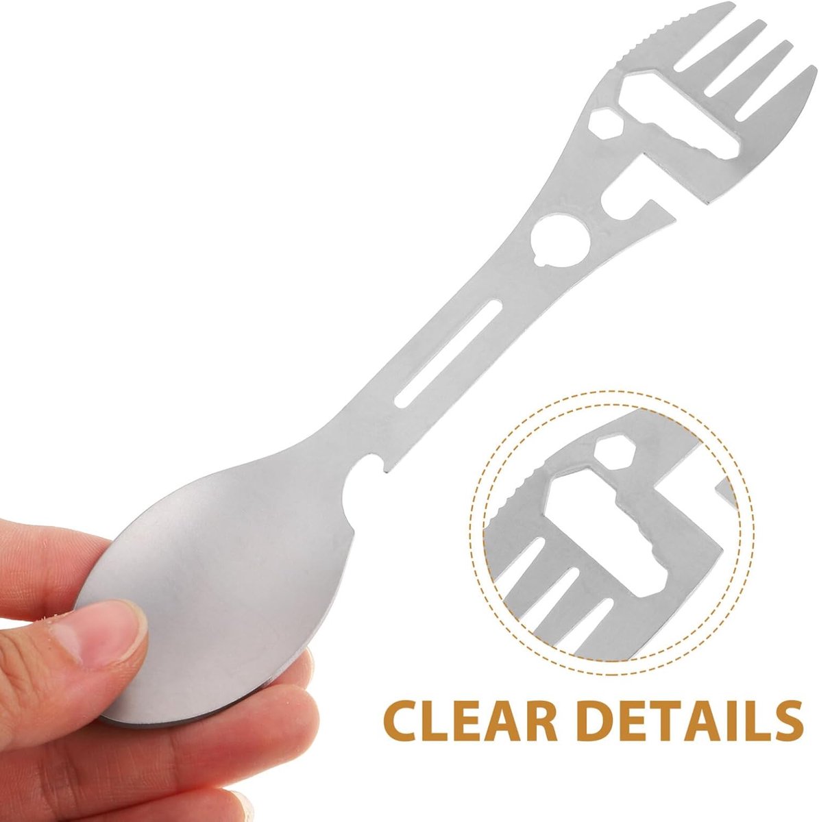 Stainless Steel Spoon and Fork - 10-in-1 Multi-Tool - Works as a combination spoon, fork, knife, bottle opener, and wrench - ideal for picnics, travel, backpacking, hiking, and fishing - Silver - Image 3