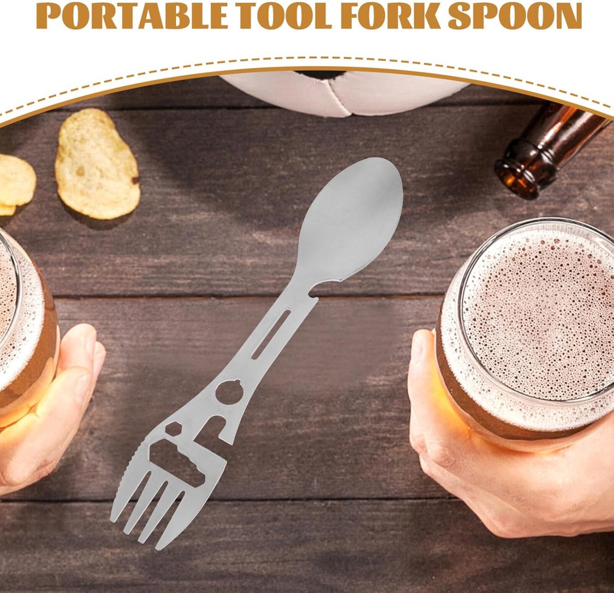 Stainless Steel Spoon and Fork - 10-in-1 Multi-Tool - Works as a combination spoon, fork, knife, bottle opener, and wrench - ideal for picnics, travel, backpacking, hiking, and fishing - Silver - Image 5