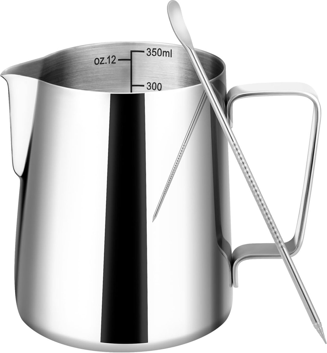 Milk Frothing Cup - 350ml Milk Frothing Cup - Clear Markings - Cappuccino Espresso Machine Accessory Made of Stainless Steel 304 - Suitable for Barista Coffee Shops - With Latte Art Pen - Silver - Image 1