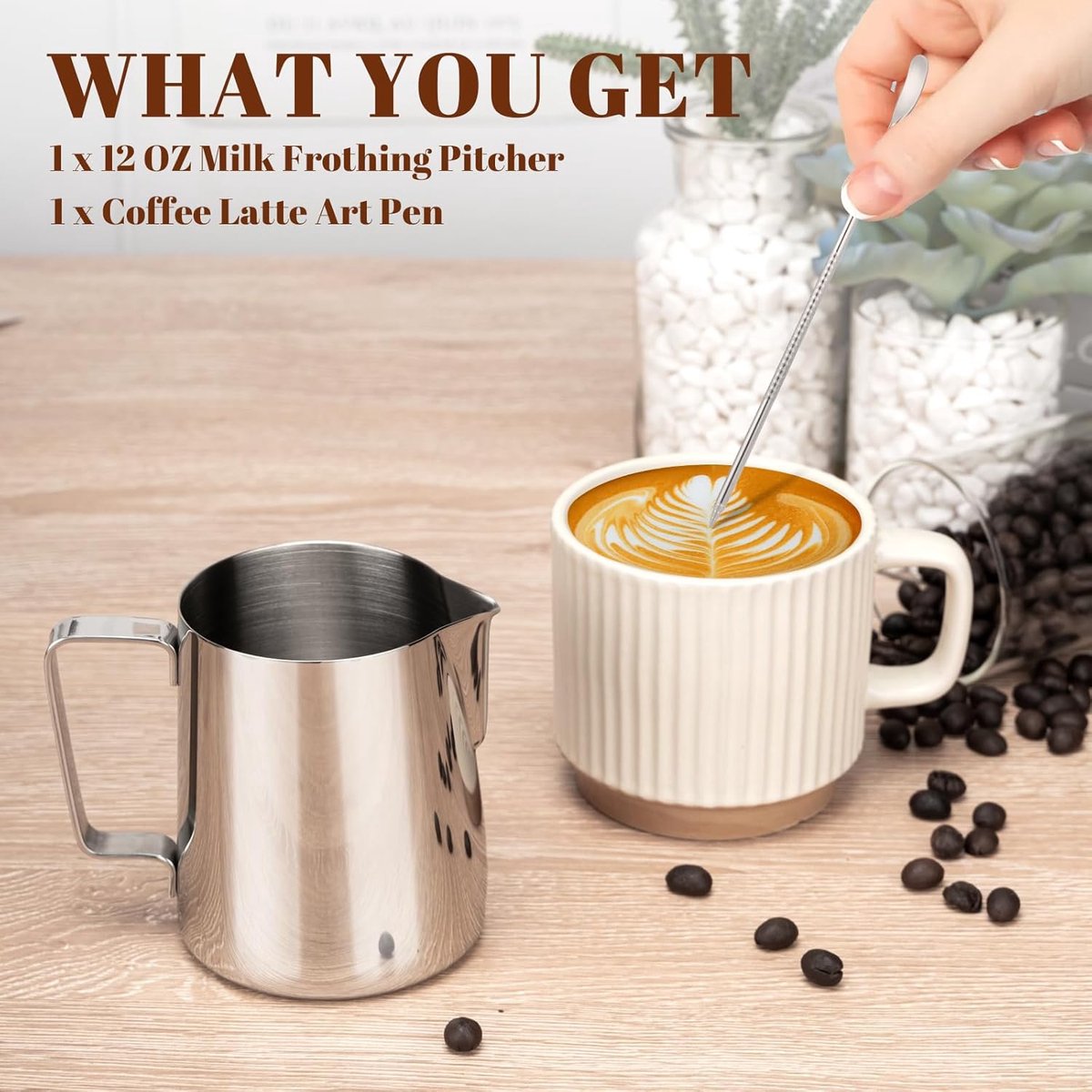 Milk Frothing Cup - 350ml Milk Frothing Cup - Clear Markings - Cappuccino Espresso Machine Accessory Made of Stainless Steel 304 - Suitable for Barista Coffee Shops - With Latte Art Pen - Silver - Image 3