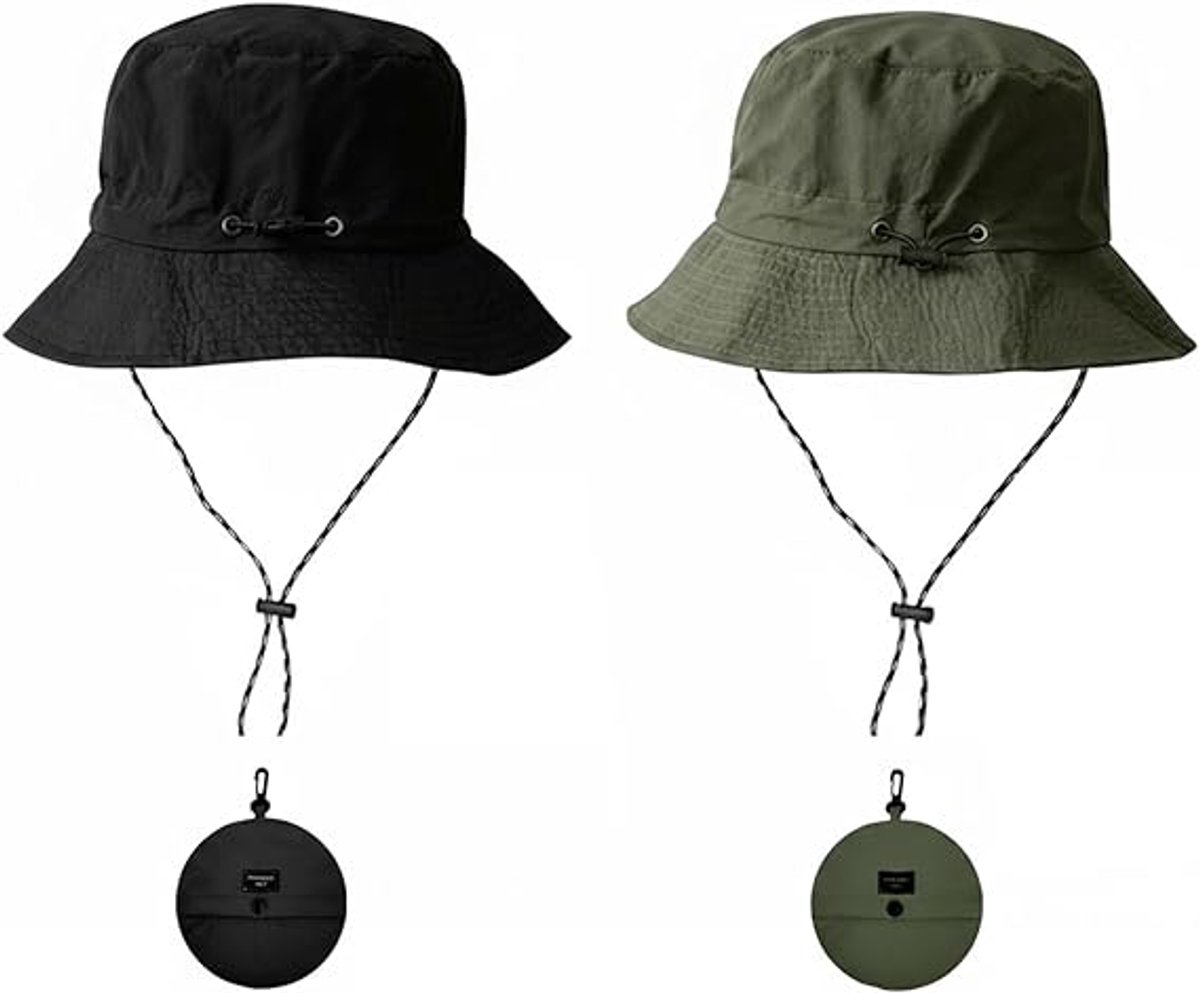 Hat - Sun Hat - Outdoor Jungle Hat - Foldable Bucket Hat - Rain Hat - Unisex - With Removable Chin Strap - 2-Piece (Black + Green) - Image 1