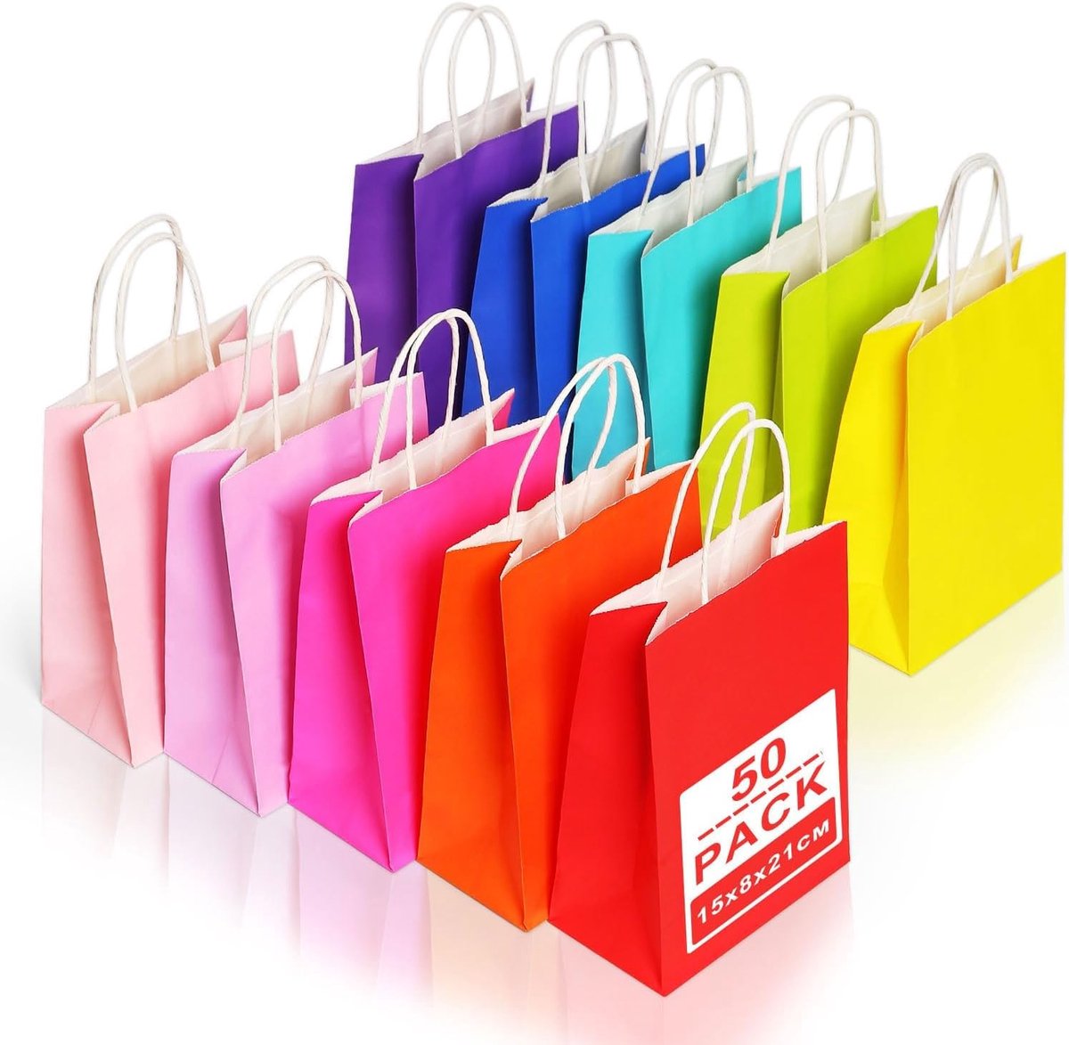 50 small paper bags with handles - colorful kraft paper gift bags - 15x8x21cm - kraft paper shopping bags - for parties, birthdays, Christmas, weddings, shopping - Image 1