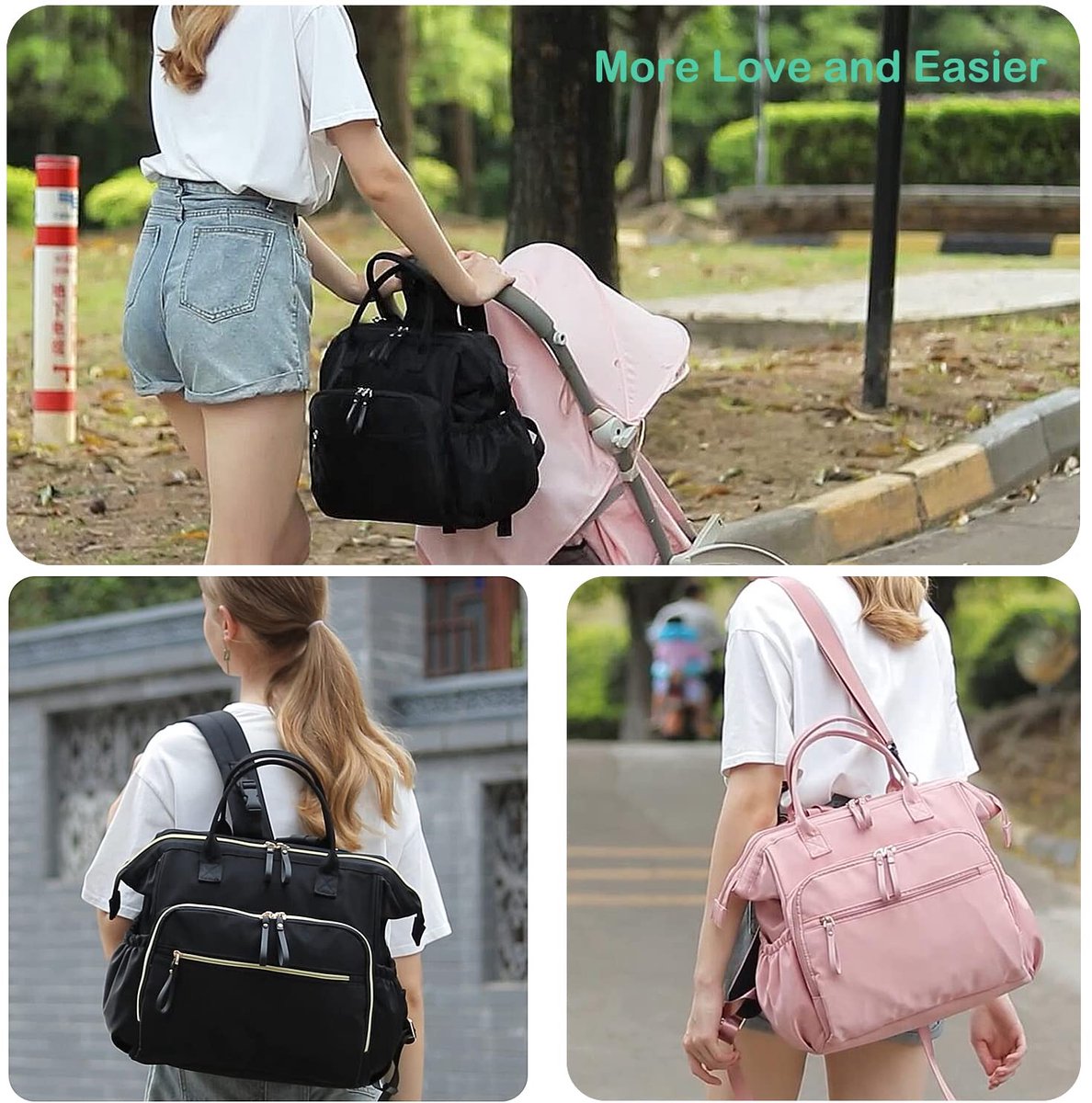 Convertible Diaper Bag - Wide Opening - 14 Pockets - Stylish - Baby Changing Bag - with Stroller Buckle - Diaper Bag - Waterproof (Black) - Image 7