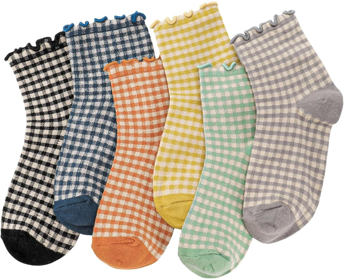 Socks - 6 Pairs of Pleated Socks for Women, Striped Pleated Socks, Cute Socks for Women - Checked Socks - Ankle Socks for Women - Cotton Knitted Socks - Sizes 5-9 - Image 1