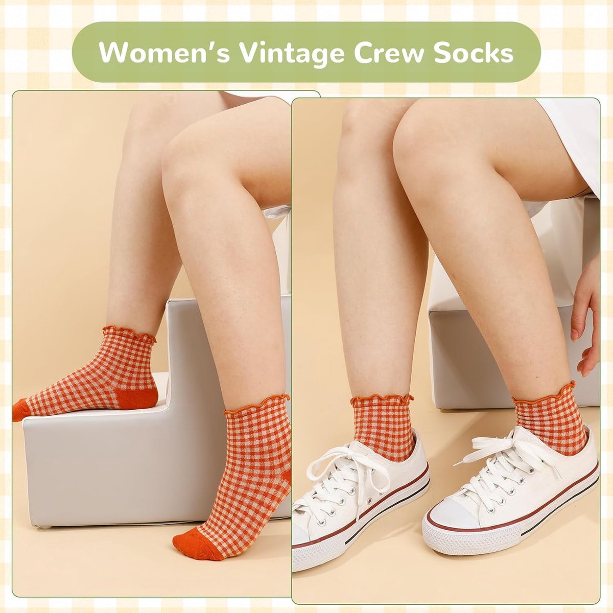 Socks - 6 Pairs of Pleated Socks for Women, Striped Pleated Socks, Cute Socks for Women - Checked Socks - Ankle Socks for Women - Cotton Knitted Socks - Sizes 5-9 - Image 2