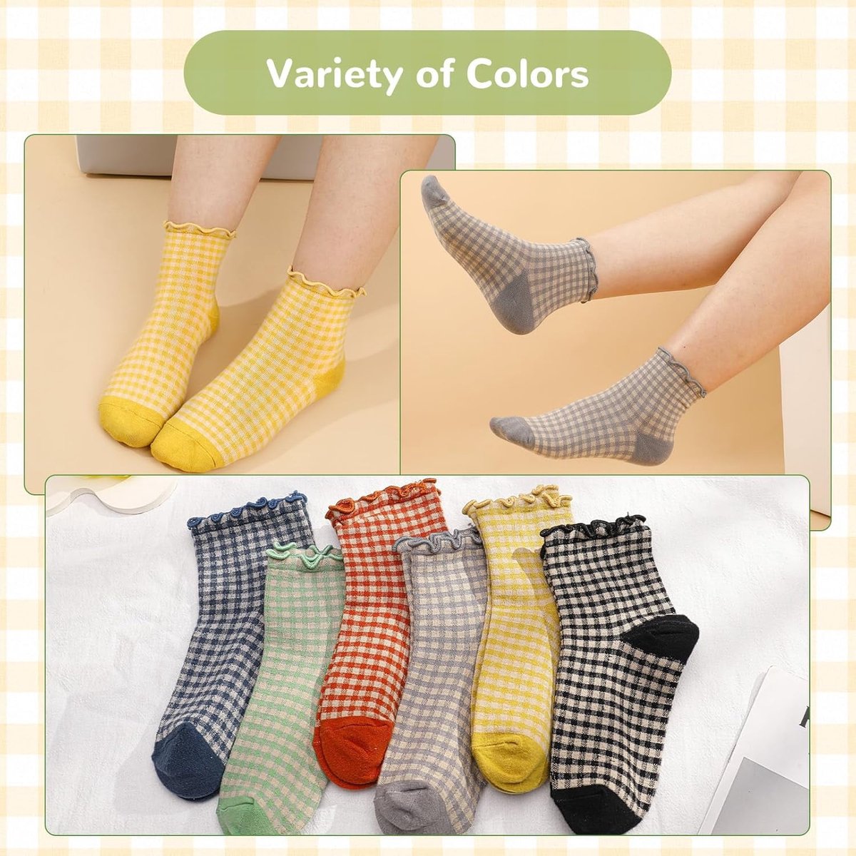 Socks - 6 Pairs of Pleated Socks for Women, Striped Pleated Socks, Cute Socks for Women - Checked Socks - Ankle Socks for Women - Cotton Knitted Socks - Sizes 5-9 - Image 3