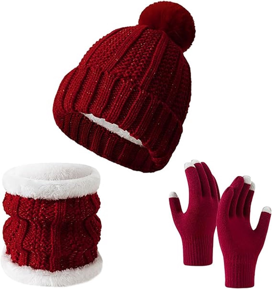 Gloves, hat and scarf - three-piece set - winter knitwear - fleece lined and thickened - warm and cold resistant - Claret - Image 1