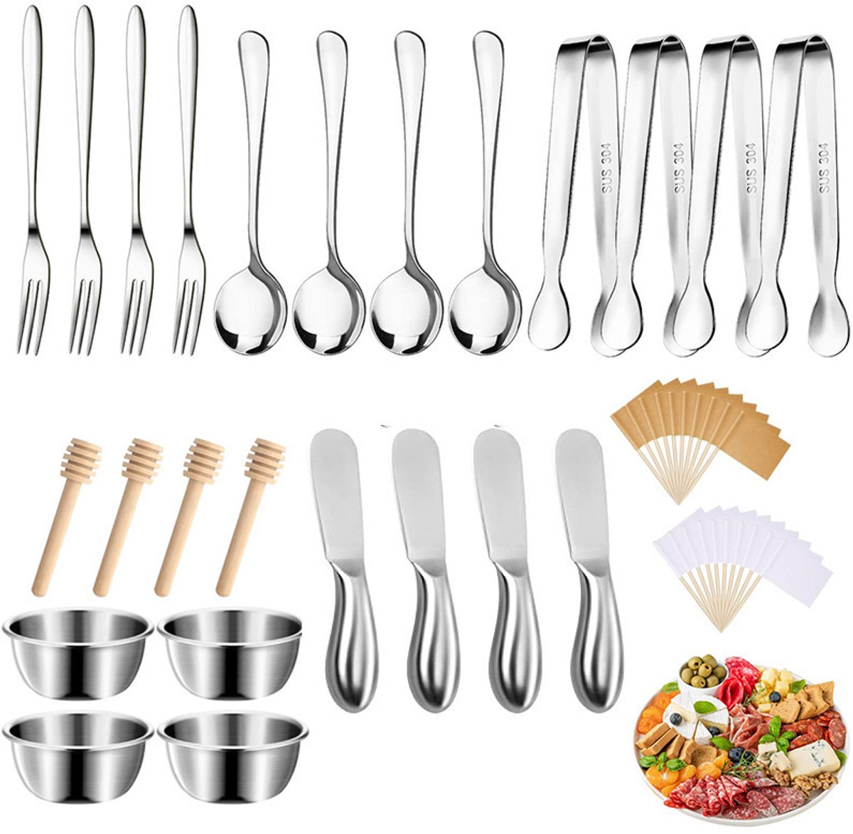 cutlery set - 44-piece set - cheese knife | pastry forks | oval coffee spoons | kitchen tongs & serving tongs | stirring spoon | stainless steel bowl | blank food labels - Image 1