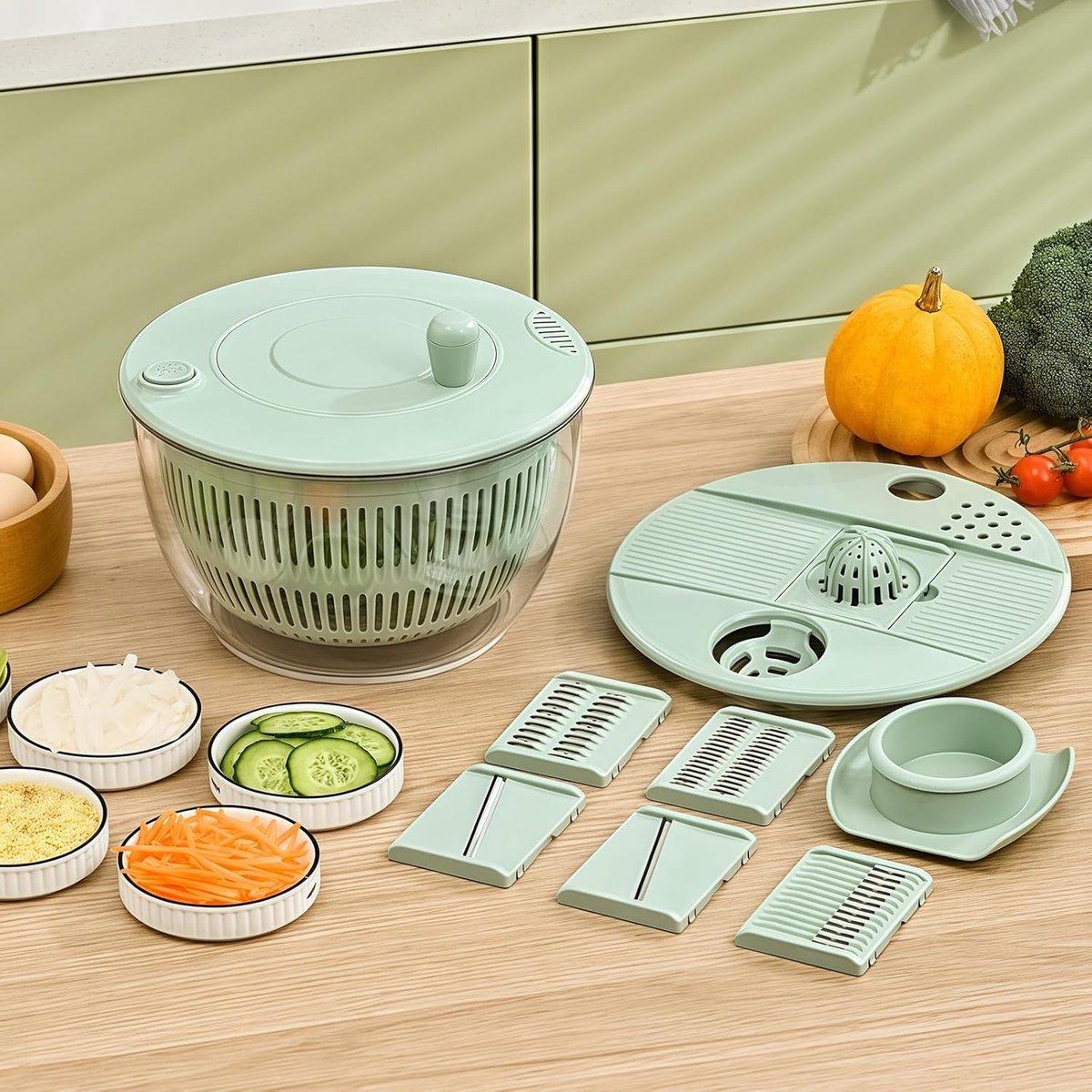 2-in-1 Double Decker Vegetable Dryer - Fruit Salad Drainer - Six Replaceable Blades - Salad Dryer - Double Decker Basket Kitchen Appliance - Double Decker Vegetable and Fruit Washer - Image 4
