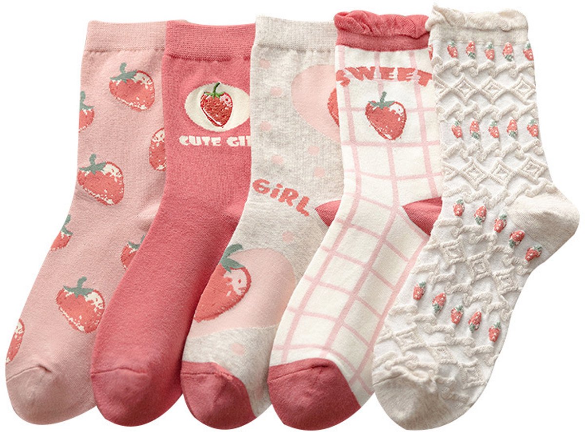 5 pairs of socks - Women's autumn and winter socks - Women's strawberry socks - Fashion socks with round neck - Princess socks - Preppy style socks - Image 1