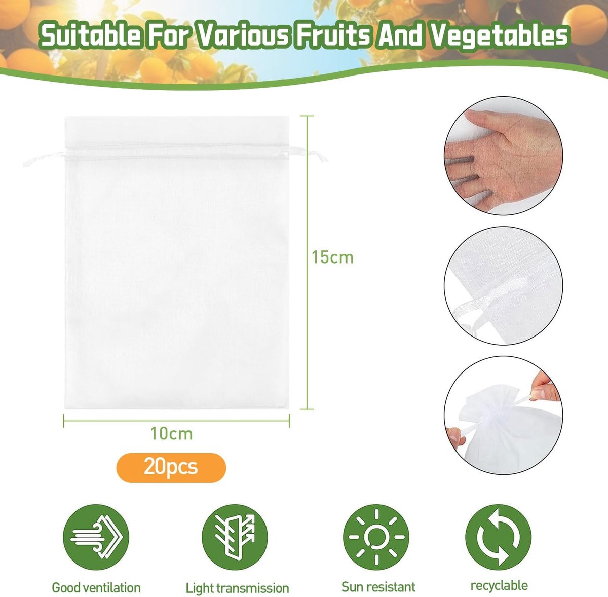 Garden Tools - 20 Items - Fruit Protection Bags - White Fruit Protection Bags with Drawstring - Garden Net Bags - Suitable for Grapes - Prevent Wasps, Cherry Vinegar Flies and Other Insects from Eating Them - Image 2