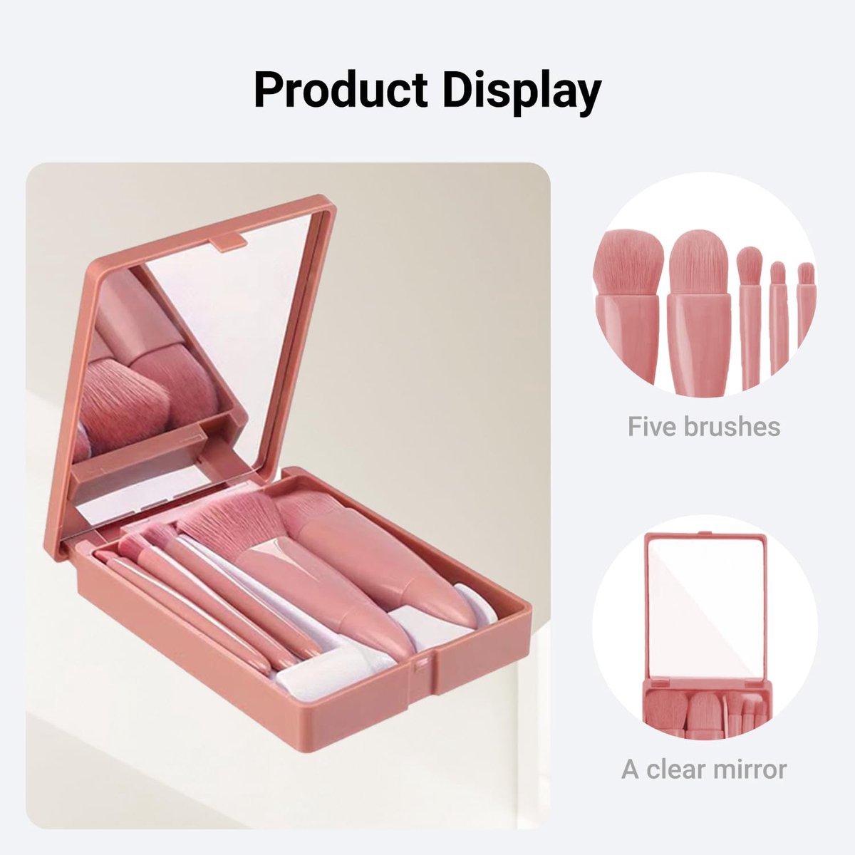 Makeup Brush Set - 5-Pack - Portable - Travel Makeup Brush Set with Mirror Case - Professional Foundation Brush, Eyeshadow Brush, and Blending Brush for Women - Lotus Pink - Image 1