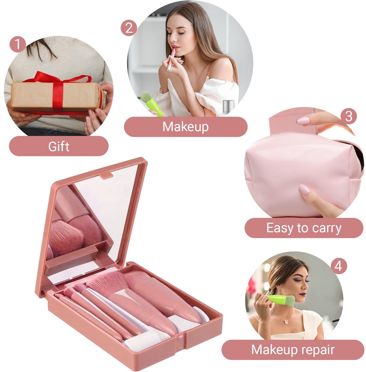 Makeup Brush Set - 5-Pack - Portable - Travel Makeup Brush Set with Mirror Case - Professional Foundation Brush, Eyeshadow Brush, and Blending Brush for Women - Lotus Pink - Image 3