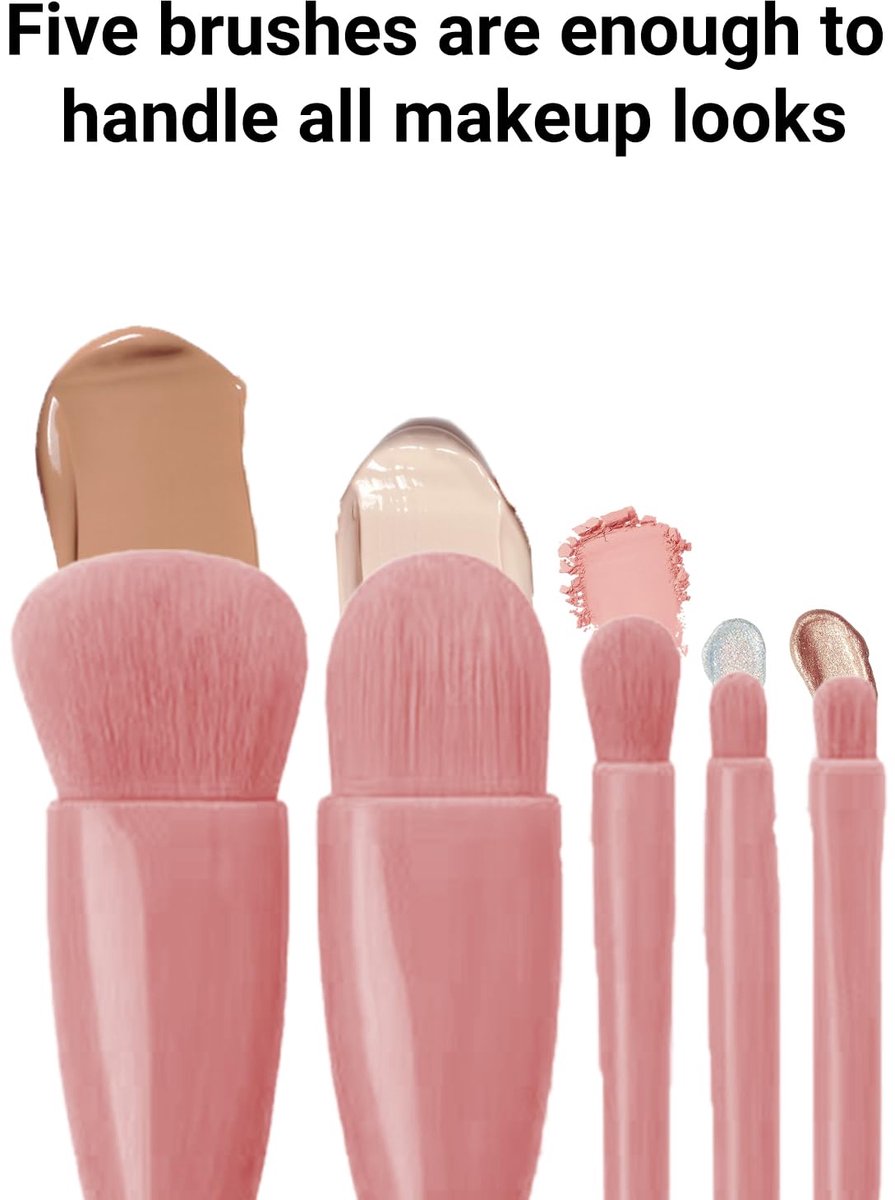 Makeup Brush Set - 5-Pack - Portable - Travel Makeup Brush Set with Mirror Case - Professional Foundation Brush, Eyeshadow Brush, and Blending Brush for Women - Lotus Pink - Image 4