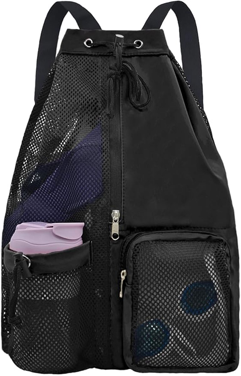 Backpack - Sports Bag - Travel Bag - Training Bag - Swimming Bag - 30*15*45cm - Mesh Material - Drawstring Design - Side Storage Space - Unisex - Suitable for Fitness, Swimming, Travel, Dancing, Camping（Black） - Image 1