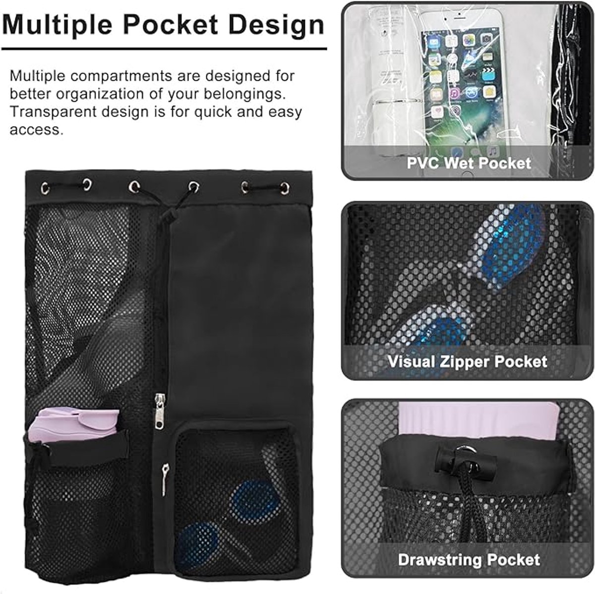 Backpack - Sports Bag - Travel Bag - Training Bag - Swimming Bag - 30*15*45cm - Mesh Material - Drawstring Design - Side Storage Space - Unisex - Suitable for Fitness, Swimming, Travel, Dancing, Camping（Black） - Image 3