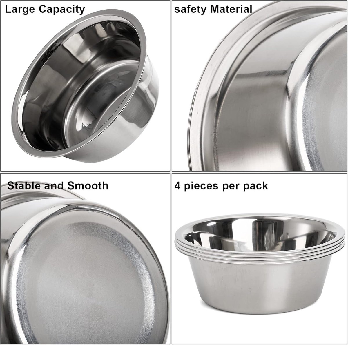 4-Pack Stainless Steel Food and Water Bowls for Cats and Dogs - Pet Food and Water Bowls - Pet Bowls - For Large, Medium, and Small Dogs - Kitten Bowls - Puppy Bowls - Image 4