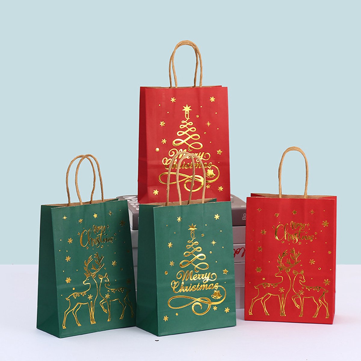 Gift Bags - 12 pieces - Kraft paper gift bags - Bags - Tote bags - Christmas paper bags with print - Party wrapping bags - Image 1