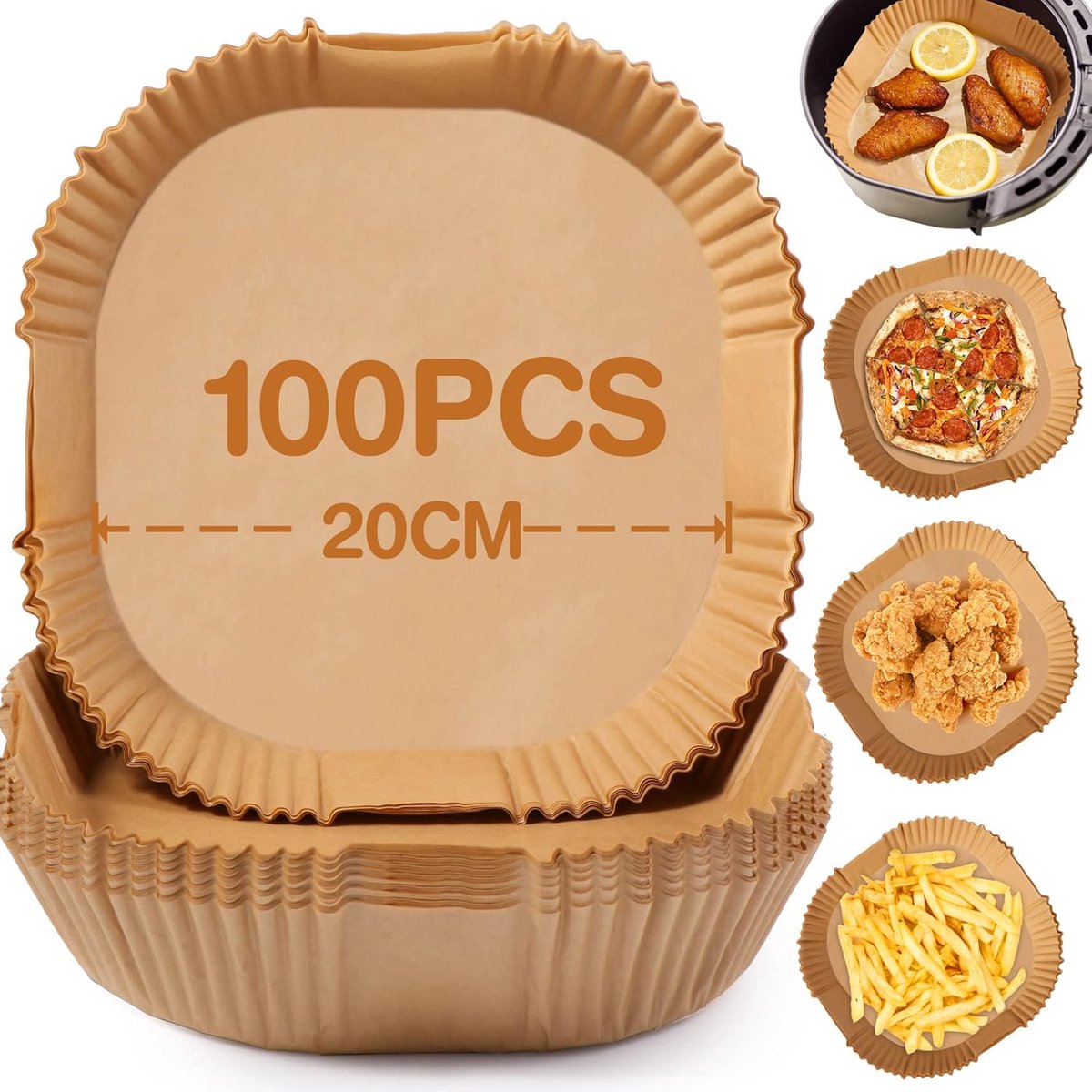 Airfryer Paper (100 sheets) - Airfryer Paper Mat 20 cm - Non-stick Airfryer Paper - Baking Mat - BPA-free - Suitable for 3-6 litre ovens - Baking Tray - Microwave-safe (square) - Image 1