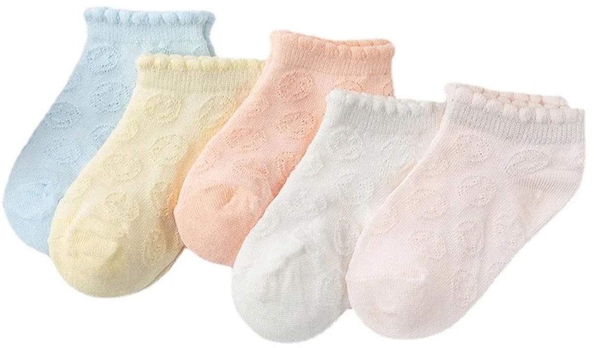 Baby socks - (5 pairs) - Socks - Children's socks - 100% cotton baby socks - Suitable for toddlers and children - Breathable lace mesh socks size M - Suitable for children from 1 to 3 years - Image 1
