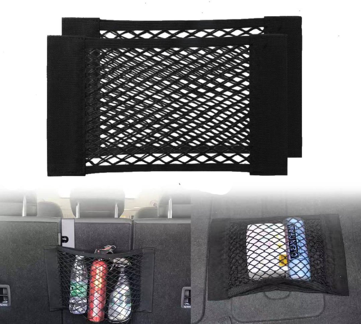 Car Trunk Storage Net (2-Pack) - Storage Bag 50*25cm - With Velcro - Car Seat Storage Net - Universal Net Bag for SUVs, Sedans and Trucks - Suitable for storing mobile phone accessories, water bottles - Image 1
