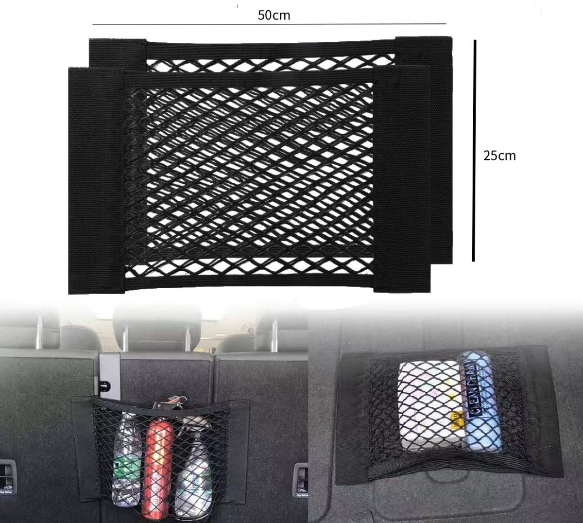 Car Trunk Storage Net (2-Pack) - Storage Bag 50*25cm - With Velcro - Car Seat Storage Net - Universal Net Bag for SUVs, Sedans and Trucks - Suitable for storing mobile phone accessories, water bottles - Image 5