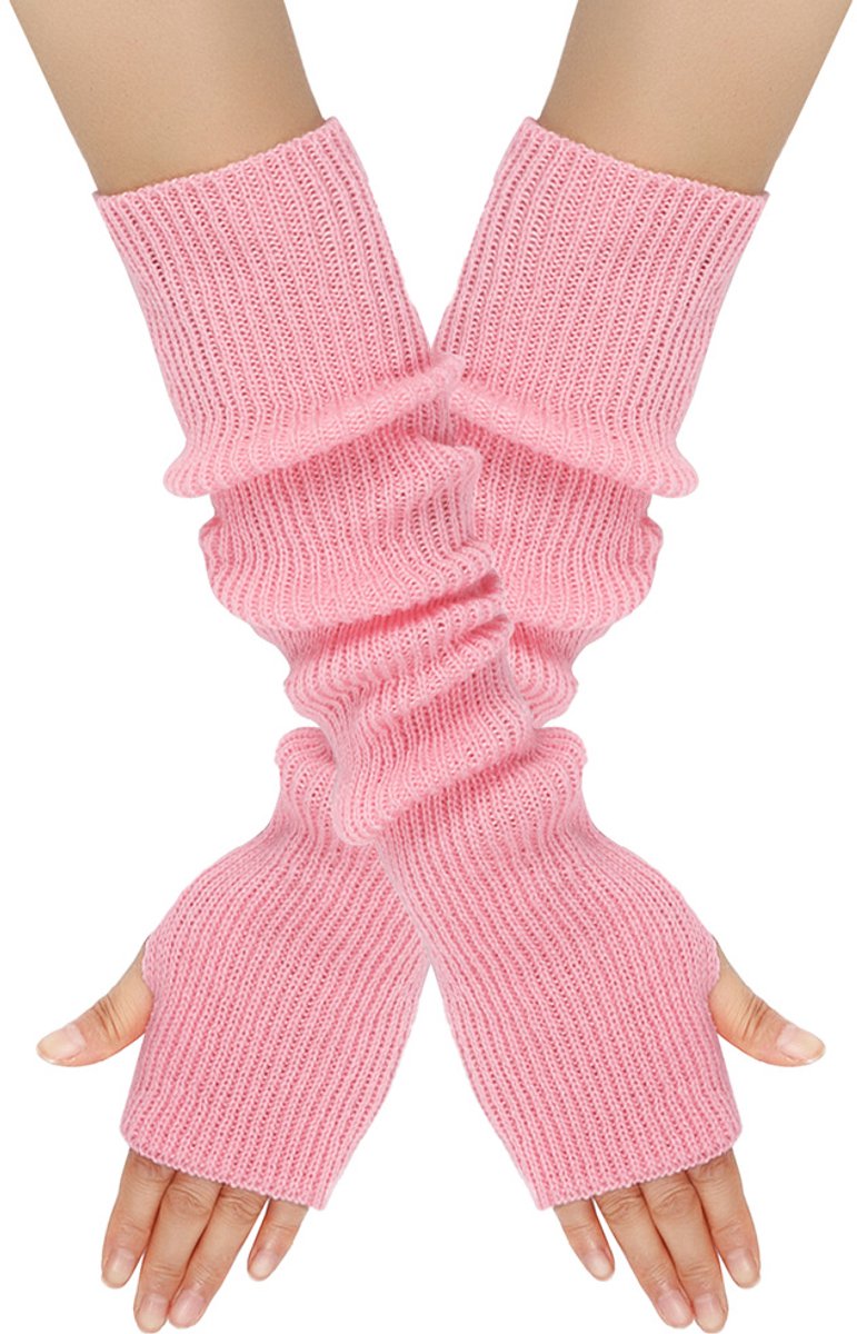 Arm Sleeves - Women's Long Fingerless Knitted Y2K Arm Sleeves - (Pink) - Image 1