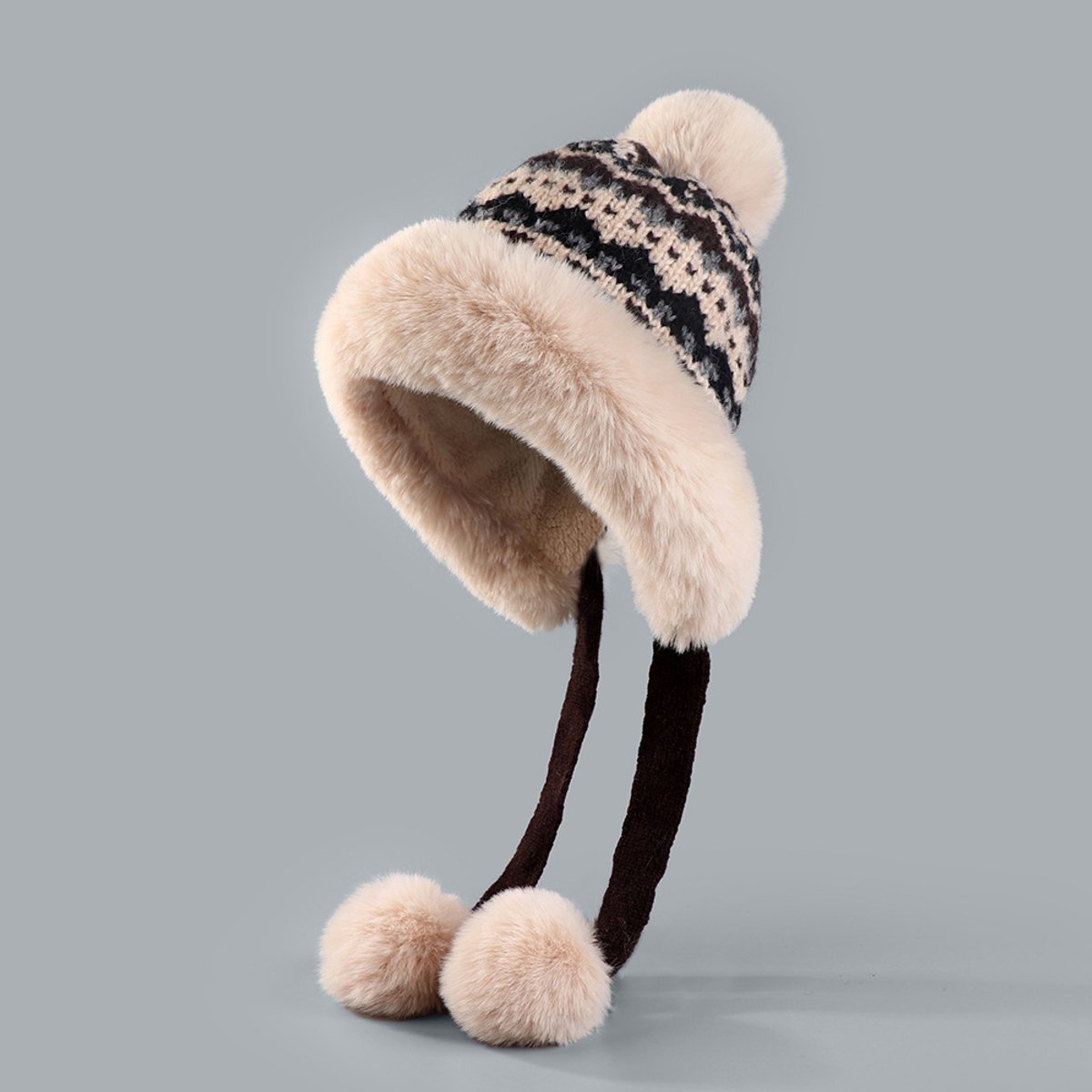Hat - Thick wool knitted women's hat - Women's winter hat - Winter hat with pompoms - Warm wool lining - Aviator hat with earflaps - Christmas gift - Birthday gift (coffee color) - Image 1