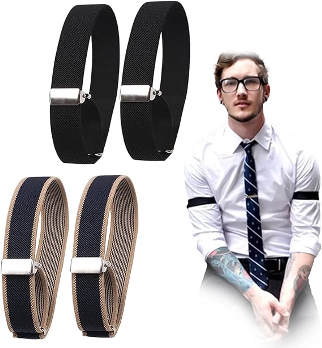 Shirt Bracelet - 2 Pairs of Cuff Rings - Adjustable Cufflinks - Non-slip Cuff Bra - Elastic Cuffs - Cufflinks - Black/Blue - L - Image 1