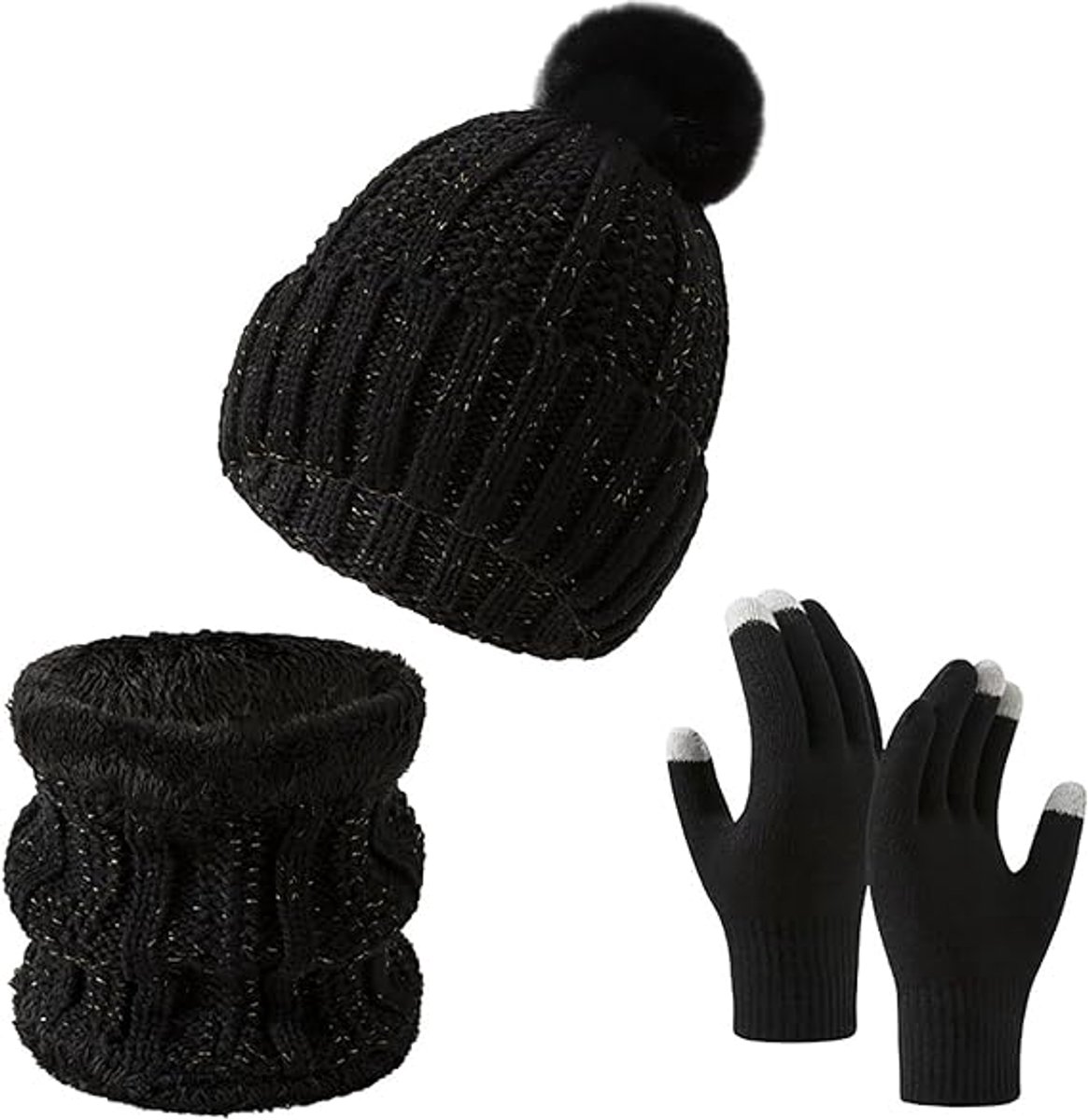 Gloves, hat and scarf - three-piece set - winter knitwear - lined with fleece and thickened - warm and cold resistant - black - Image 1