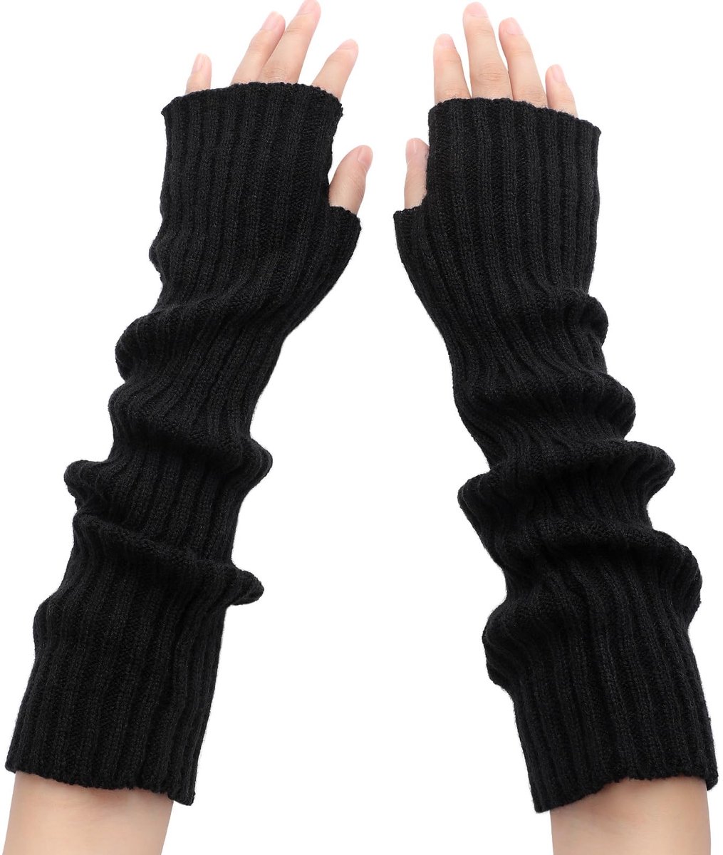 Black Wristbands - Long Knitted Wristbands - Fingerless Gloves - Long Knitted Sleeves for Women - Long Fingerless Sleeves - (Black) - Image 1