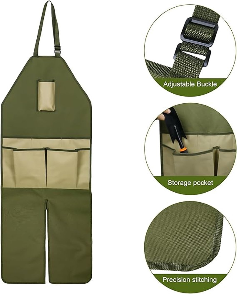 One-Piece Garden Apron - Men's Apron - Harvest Apron with Pockets - Waterproof - Adjustable, Knee-Reinforced - Suitable for Mowing and Grass Trimming (Green + Khaki) - Image 3