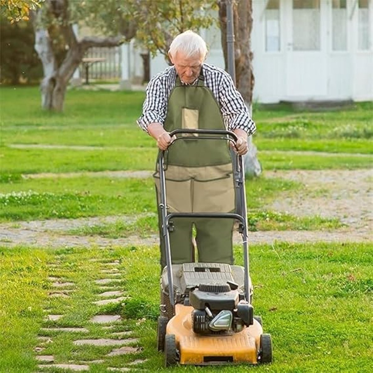 One-Piece Garden Apron - Men's Apron - Harvest Apron with Pockets - Waterproof - Adjustable, Knee-Reinforced - Suitable for Mowing and Grass Trimming (Green + Khaki) - Image 5