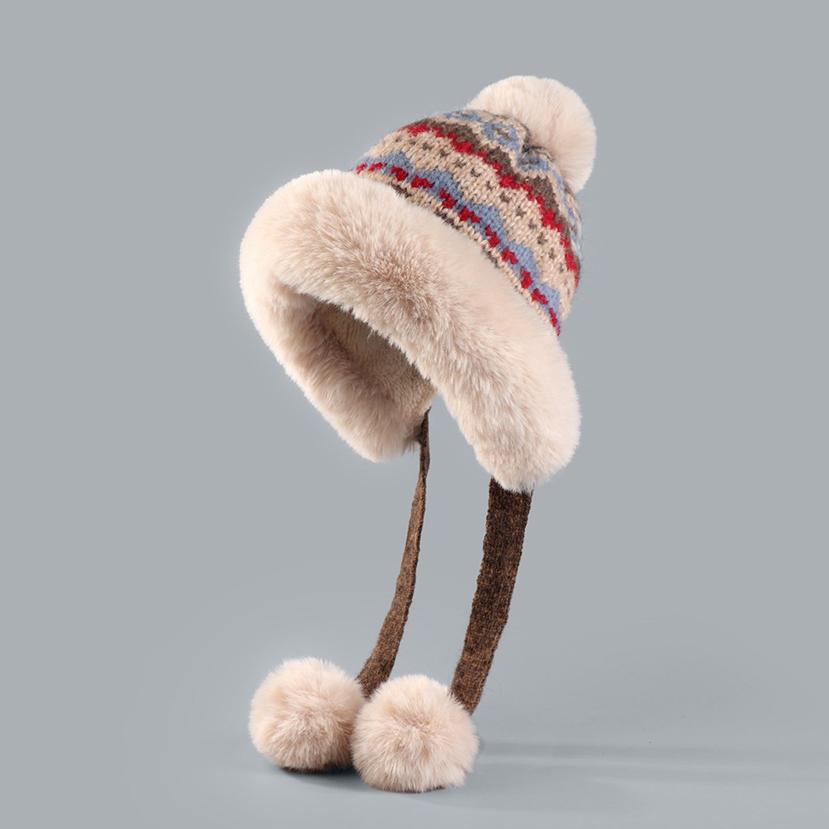Hat - Thick wool knitted women's hat - Women's winter hat - Winter hat with pompoms - Warm wool lining - Aviator hat with earflaps - Christmas gift - Birthday gift (khaki) - Image 1