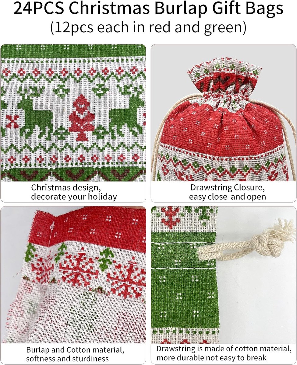 Christmas linen gift bags - 24 pieces - 13x18cm - Christmas decoration for indoors - Reusable - Christmas candy bags with drawstring - Suitable for gift bags for children's parties during the Christmas holidays - Image 3