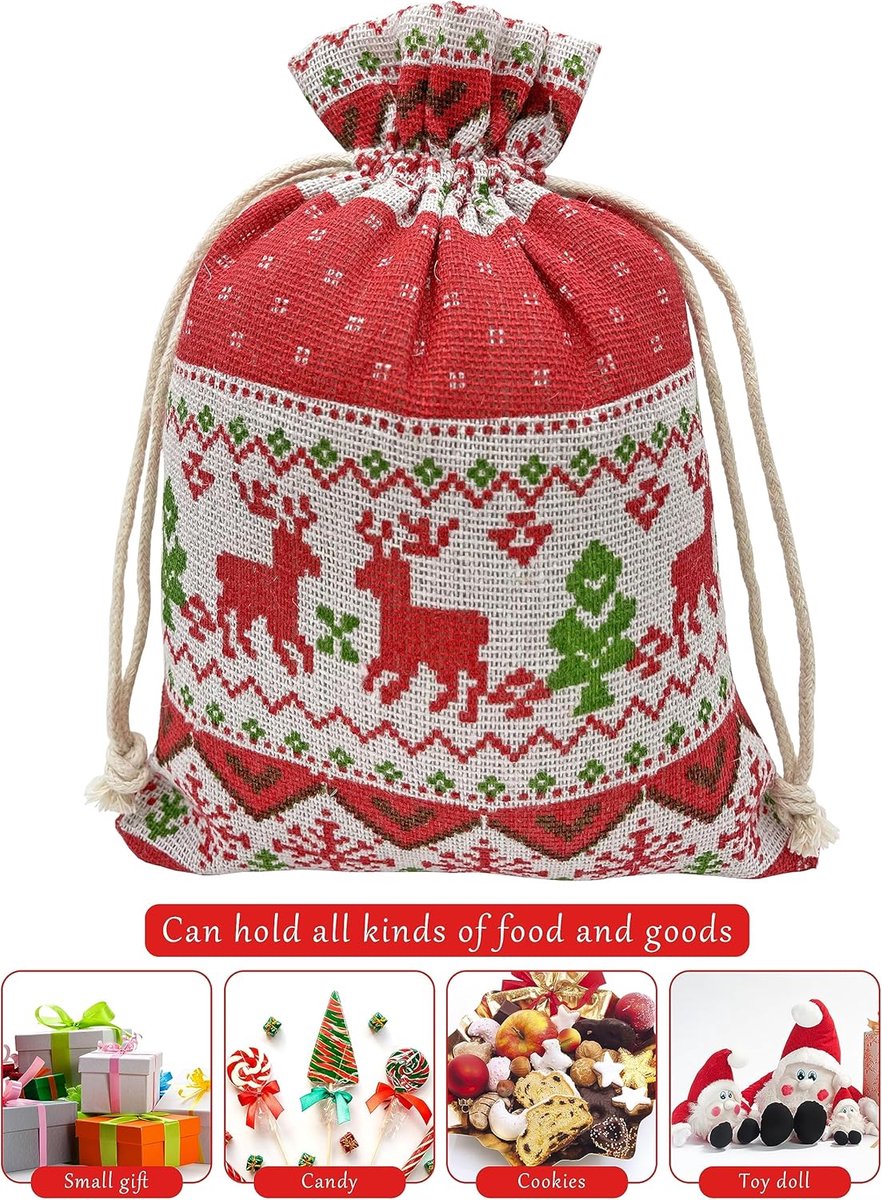 Christmas linen gift bags - 24 pieces - 13x18cm - Christmas decoration for indoors - Reusable - Christmas candy bags with drawstring - Suitable for gift bags for children's parties during the Christmas holidays - Image 6