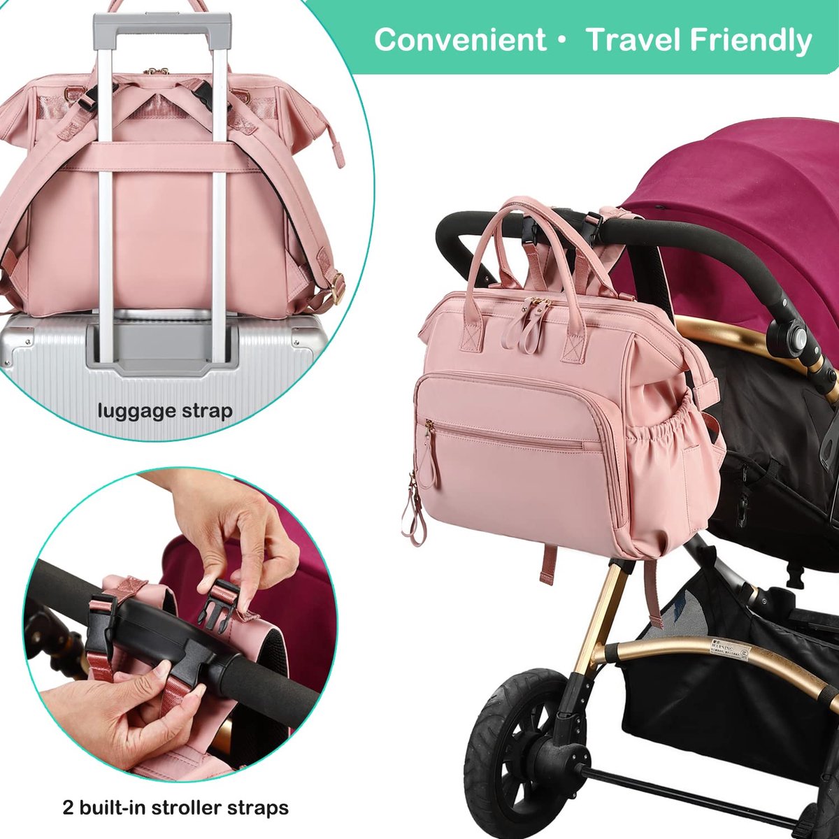 Convertible Diaper Bag - Wide Opening - 14 Pockets - Stylish - Baby Changing Bag - with Stroller Buckle - Diaper Bag - Waterproof (Pink) - Image 4