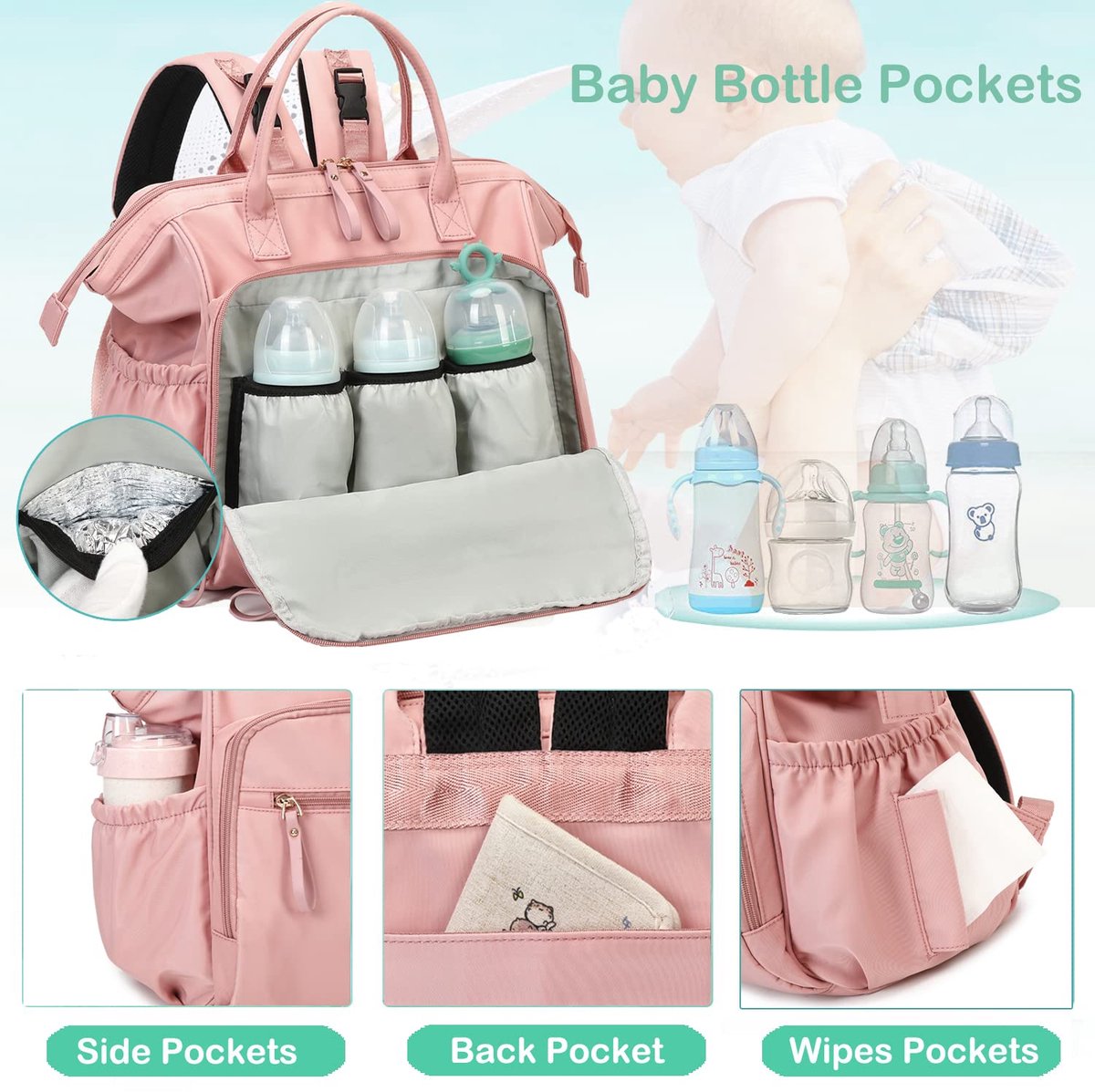 Convertible Diaper Bag - Wide Opening - 14 Pockets - Stylish - Baby Changing Bag - with Stroller Buckle - Diaper Bag - Waterproof (Pink) - Image 5
