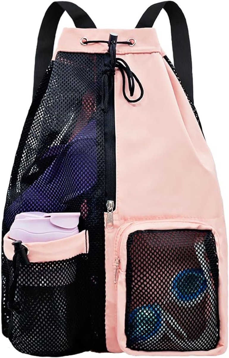 Backpack - Sports Bag - Travel Bag - Training Bag - Swimming Bag - 30*15*45cm - Mesh Material - Drawstring Design - Side Storage Space - Unisex - Suitable for Fitness, Swimming, Travel, Dancing, Camping（Pink） - Image 1