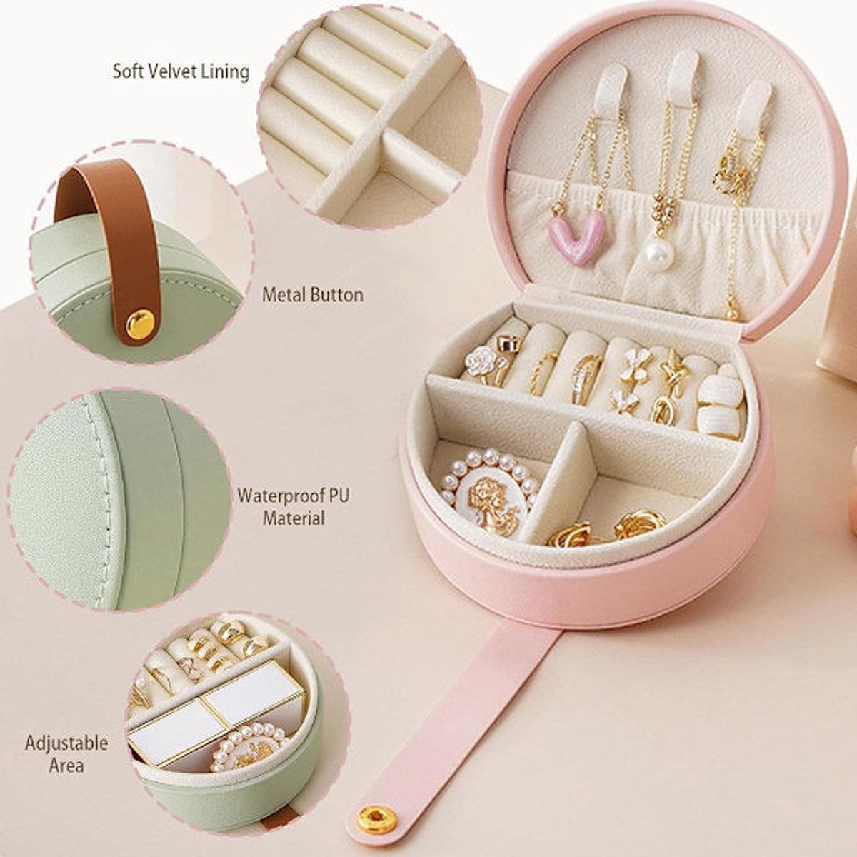 Small portable leather jewelry box - travel box - for necklaces, rings and earrings - green - Image 2