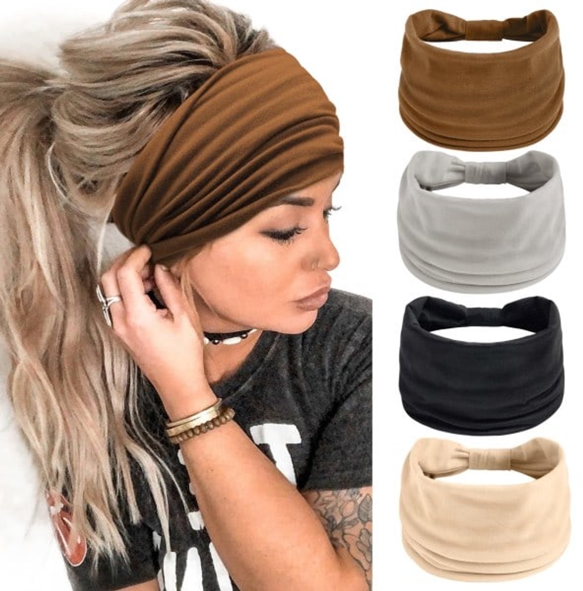 Headbands - Wide Headbands for Girls - Elastic Running Straps - Yoga Straps - 4-Pack - Image 1
