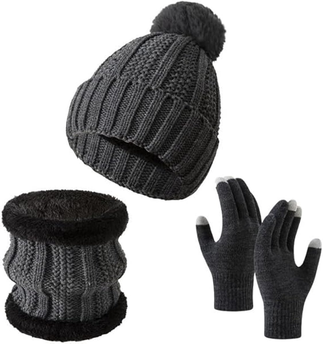 Gloves, hat and scarf - three-piece set - winter knitwear - lined with fleece and thickened - warm and cold resistant - dark gray - Image 1