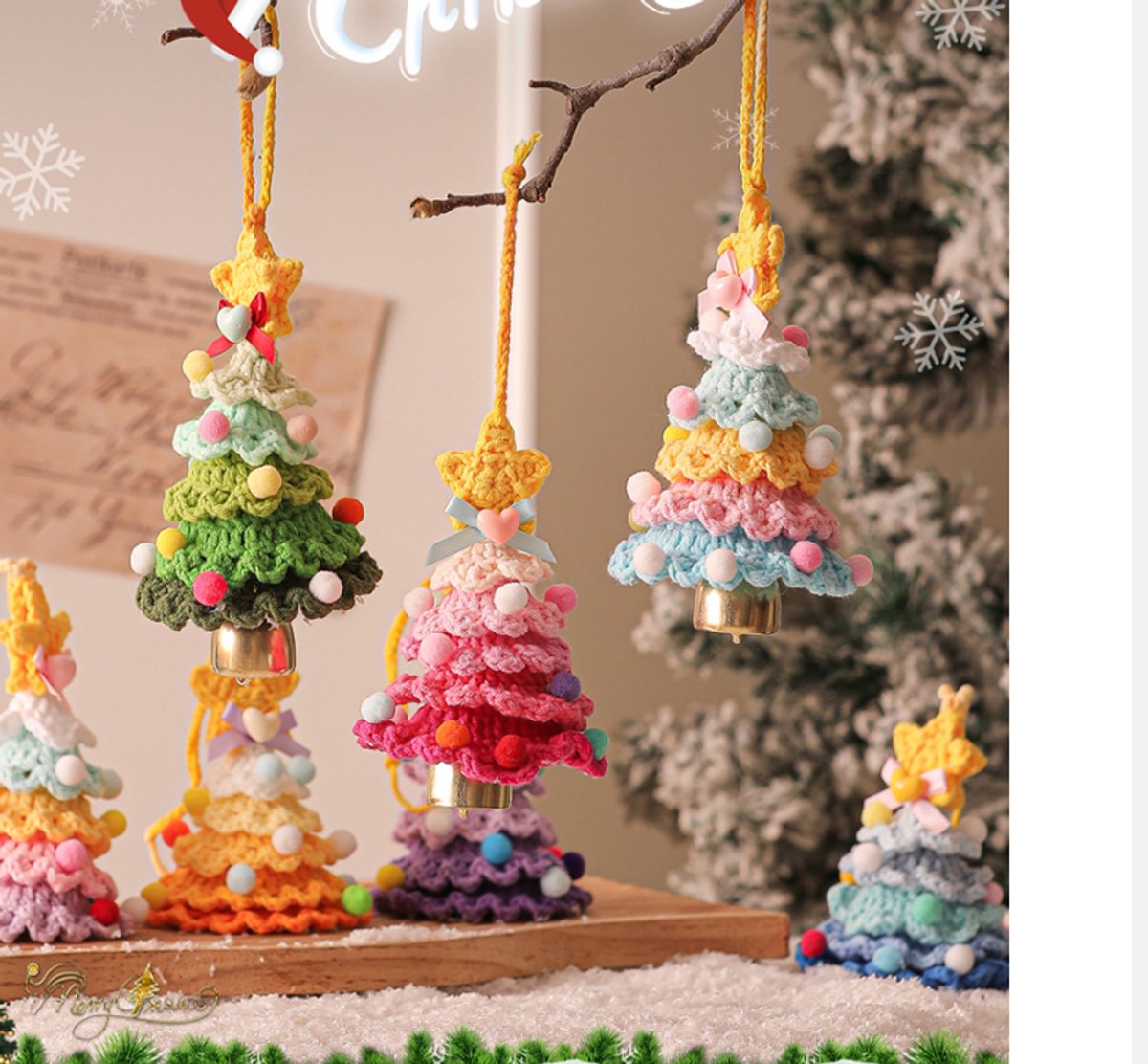 Christmas Decorations - Crochet Christmas Tree Bell Decorations - Small Christmas Decorations - Car Decorations - Style D - Image 4