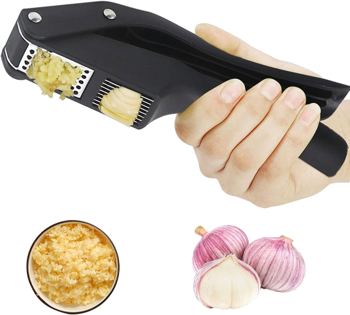 2-in-1 Garlic Press - Stainless Steel Garlic Press - Kitchen Garlic Press - Ginger Press - Non-slip - Easy to Clean (Black) - Image 1