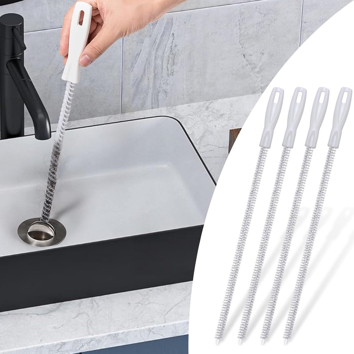 4-piece sink cleaning brush set - Drain brush - 45 cm - Flexible sink cleaning brush - Drain tool - Drain spring - Suitable for kitchen and bathroom drains and overflow pipes - Image 1